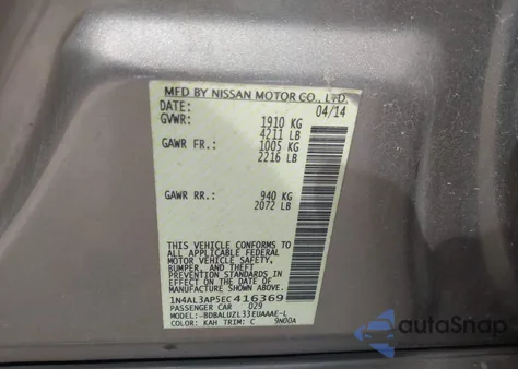 2014 Nissan Altima 2.5 Sv from USA, damaged, VIN 1N4AL3AP5EC416369